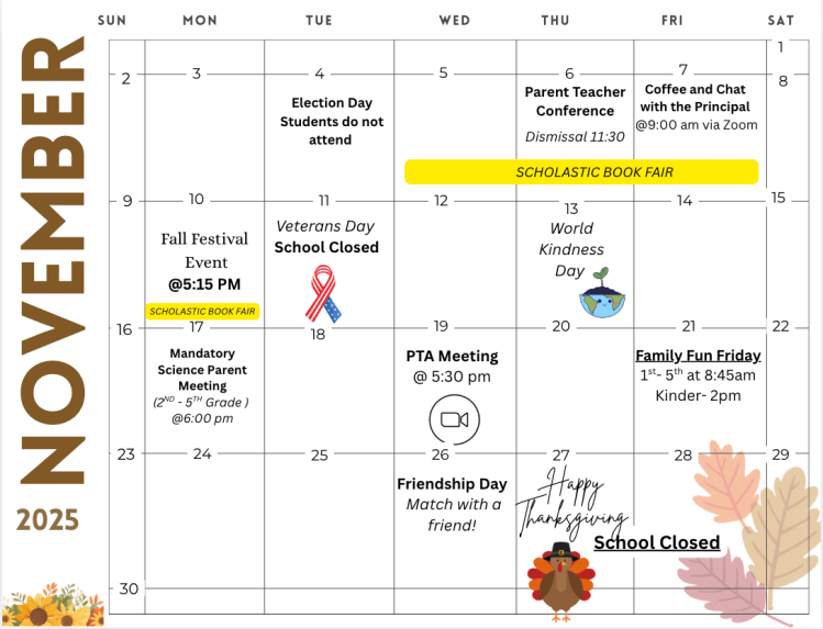 November Calendar in English