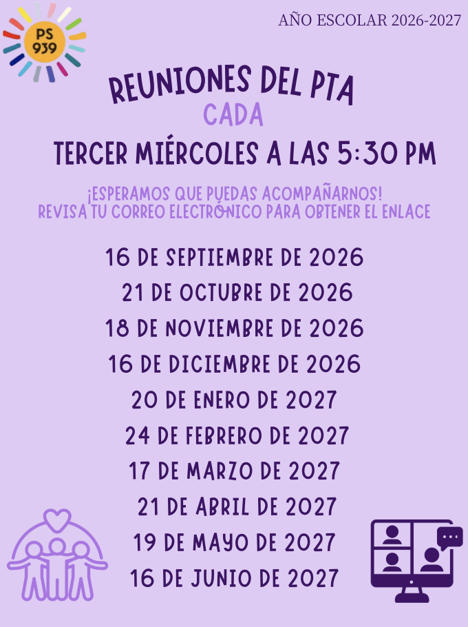 Folleto de la reunión de la PTA invitando a las familias a participar en la comunidad escolar.
